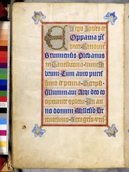 Pagina intera: testo incorniciato con iniziale "E" intrecciata: Colofone dello scriba e miniatore Johann von Troppau