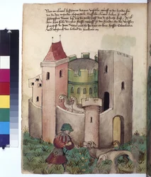 Pagina intera: istruzioni per placare i cani fuori da una fortezza, 1430 circa (disegno a penna colorata)