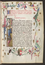 A tutta pagina: testo, iniziale e tralci di vite con le armi di Federico III in basso