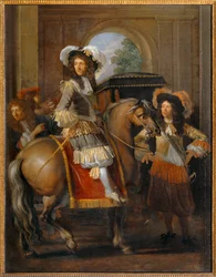 Nobile a cavallo con il suo seguito davanti a una porta gigantesca - Gentilhomme à cheval et carrosse devant une porte monumentale ...