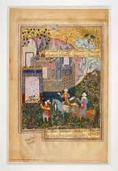 Khosrau I e il suo vizir davanti alle rovine: pagina di un manoscritto de Il magazzino dei misteri - il primo dei cinque poemi della Khamsa di Nezami ...