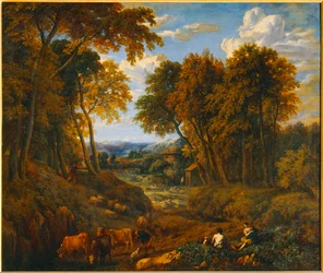 Paysage avec bergers et troupeaux dans un chemin forestier - Paesaggio con pastore e mandrie in un sentiero nel ...