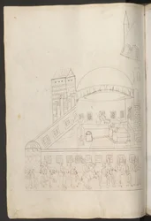 Disegno a penna: cortile interno di una moschea