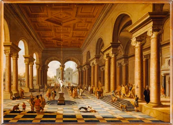 Portico di un palazzo rinascimentale con un messaggero davanti a un principe - Portico di un palazzo rinascimentale con un messaggero ...