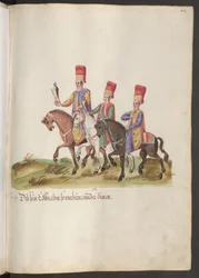 La corte di un pascià e di un sultano: tre scudieri a cavallo, due con i falchi