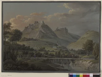 Veduta del castello di Sirok, Ungheria, contea di Heves; guazzo di Franz Jaschke