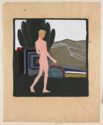 Nudo maschile in piedi in un paesaggio, 1914 circa (gouache su carta)