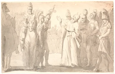 Scena figurativa con un santo, uomo cornuto tra soldati romani