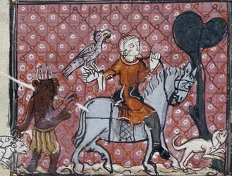 Il peccato delle vanità mondane: un cavaliere con il suo falco e il suo cane viene avvicinato da un diavolo. Uno di una serie che illustra le tentazioni, da poesie di Matfre Ermengau, ca 1300-1320