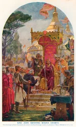 Re Giovanni che concede la Magna Charta (litografia a colori)