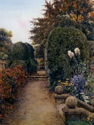 Il giardino del Maestro, Clare College, Cambridge, Inghilterra. Giardino fiorito con balcone e scala. Pittura di E. Arthur Rowe (-1922 Britannico) Collezione privata