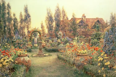 Veduta di una casa di campagna e giardino
