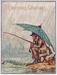 Cartolina di Natale vittoriana di un pescatore solitario in un giorno di pioggia, c.1880