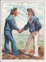 Cartolina di Natale vittoriana di due marinai che fumano pipe di argilla e si stringono la mano, c.1880