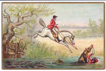Cartolina di Capodanno vittoriana di una caccia alla volpe con un cacciatore e il suo cavallo che cadono nel fiume, c.1880