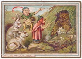 Cartolina di Capodanno vittoriana di una vecchia che saluta un gufo osservata da un nano e due conigli, c.1880