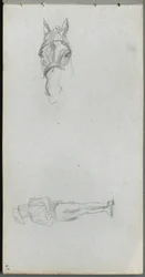 Quaderno di schizzi, pagina 69: Studio di una mano, un cavallo e una figura