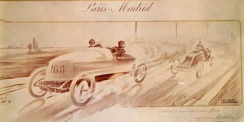 Corsa automobilistica: "Parigi Madrid": Gabriel vincitore su Mors equipaggiata con pneumatici Michelin. Illustrazione 1903