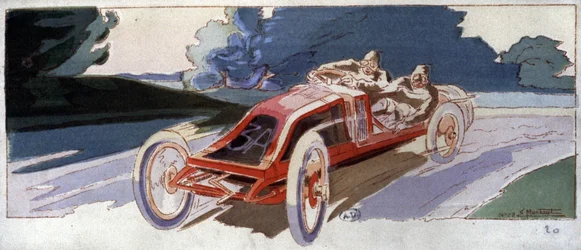 Szisz su auto Renault, vincitore del Gran Premio ACF, c. 1910 (illustrazione)