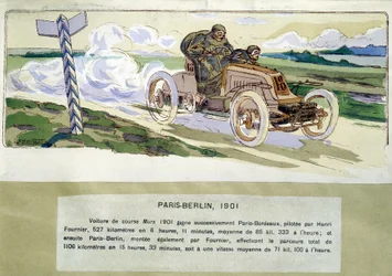 La corsa Parigi - Berlino nel 1901, disegno di Ernest Montaut (1878-1909)