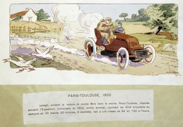 La corsa Parigi - Tolosa nel 1900, disegno di Ernest Montaut (1878-1909)