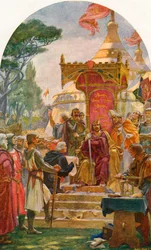 Re Giovanni concede la Magna Carta a Runnymede, sulla riva del Tamigi vicino a Windsor, Inghilterra, 15 giugno 1215. Da Cassell
