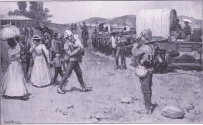 Soldati britannici che assistono i rifugiati boeri, illustrazione da After Pretoria: The Guerilla War, 1902
