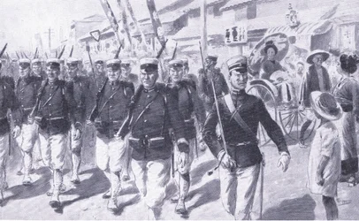Giapponesi in marcia attraverso Tokyo, illustrazione da Cassells History of the Russo-Japanese War Vol 1, c.1900