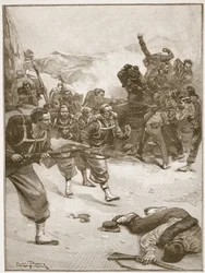Gli Zuavi presero una delle barricate con un audace assalto alla baionetta, illustrazione da 