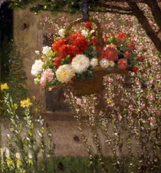 Il cesto appeso. Cesto di fiori appeso all