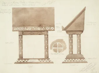 Progetto per scrivania da lettura in ebano marrone, intarsiata con argento e madreperla, c.1905-15