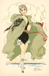 Bella ragazza in costume da bagno a balze e mantello (litografia a colori)