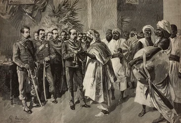 Il generale Tancredi Saletta offre la spada a Kantibai, capo degli Abab, Massaua, guerra eritrea, incisione di Ernesto Mancastroppa da un disegno di G Amato, da L