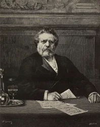 Giosuè Carducci (1835-1907), poeta e scrittore italiano, Premio Nobel nel 1906, incisione di Ernesto Mancastroppa da dipinto di Vittorio Corcos, da L