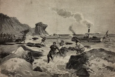 Uccisione del tenente Carlo Zavagli (1867-1890) a Warsheikh, in Somalia, 24 aprile, incisione di Ernesto Mancastropa da un disegno di Gennaro Amato, da L