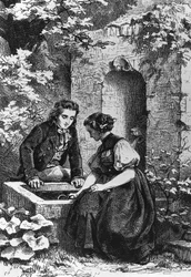 Hermann e Dorothy alla fontana, illustrazione per Hermann e Dorothea, idillio di Johann Wolfgang von Goethe, incisione dopo disegno di Ernst Bosch