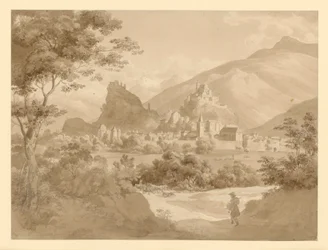 Veduta di una piccola città fortificata e di due castelli in un paesaggio montano, con un pittore in primo piano