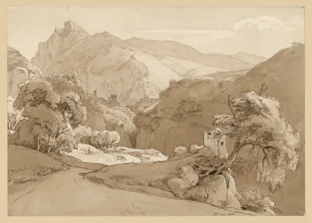 Paesaggio montano italiano, con la rovina di un tempio circolare nel piano intermedio