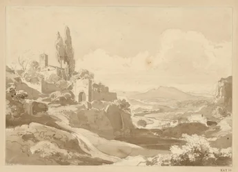 Paesaggio nei Colli Albani, con un cancello e una chiesa sull