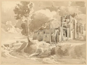 Paesaggio con fiume e acquedotto con mulino presso Massa