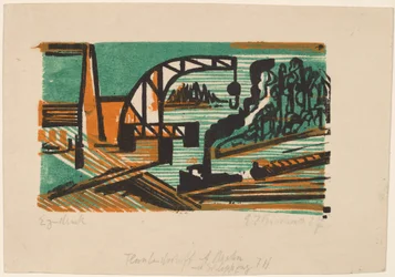 Paesaggio fluviale con gru e chiatte, 1927