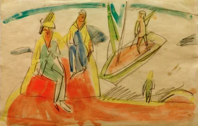 Persone e barca sulla spiaggia