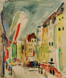 Scena di strada con bandiere