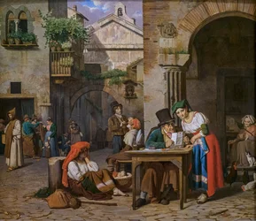 Uno scriba romano legge una lettera a una giovane donna