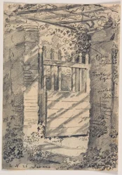 Un cancello da giardino aperto ombreggiato da foglie di vite