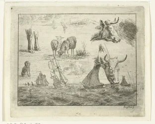 Studio con un paesaggio marino, due teste di mucca, pecore, un cane e due zampe