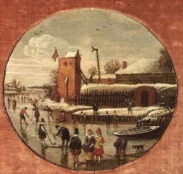 Paesaggio invernale con pattinatori