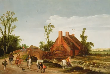 Paesaggio boscoso con viaggiatori su un sentiero, 1624