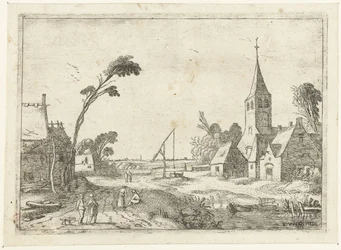 Veduta del villaggio con fattorie, chiesa e pozzo (Liggende landschappen)