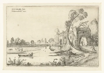 Paesaggio con un fiume e un edificio con portale